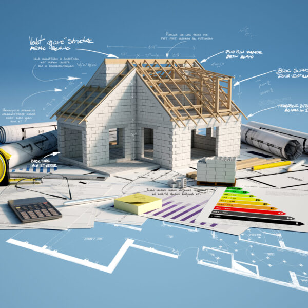 3D rendering of a house under construction with blueprints, energy efficiency charts, mortgage application form and scribbled technical details